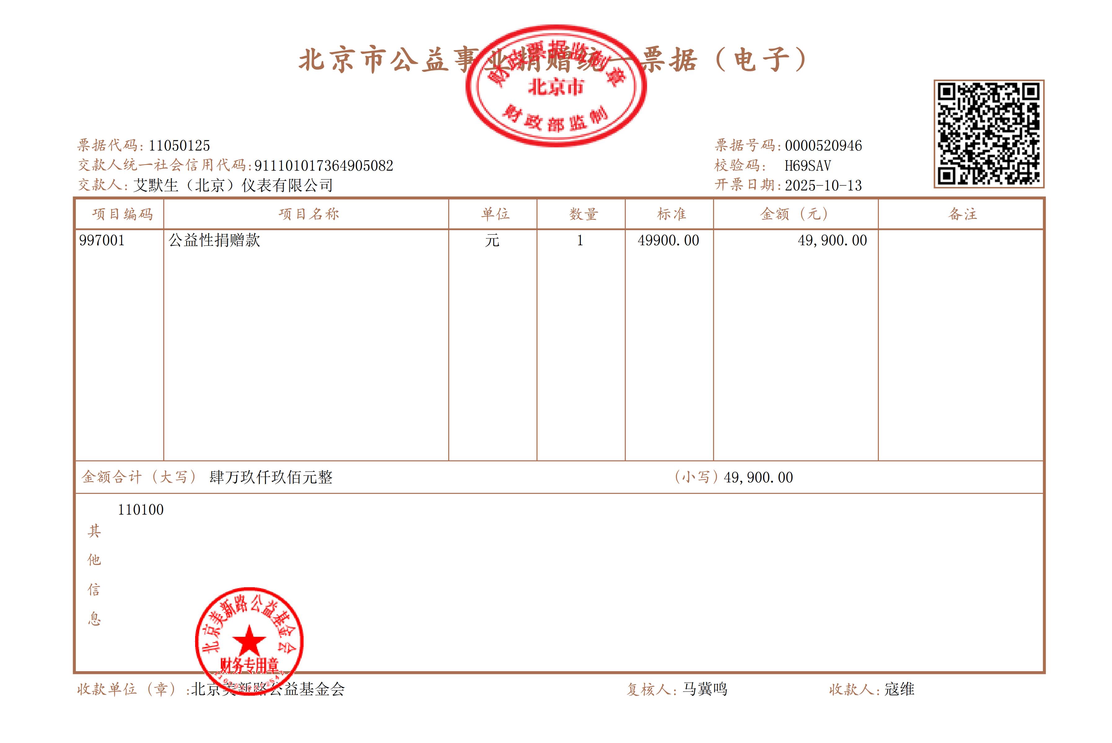 感谢艾默生（北京）仪表有限公司捐赠49900元
