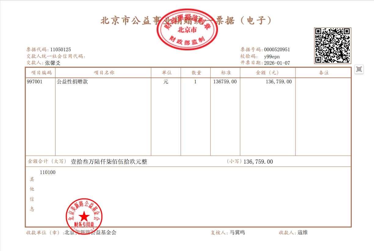 感谢张馨爻爱心捐赠136759元